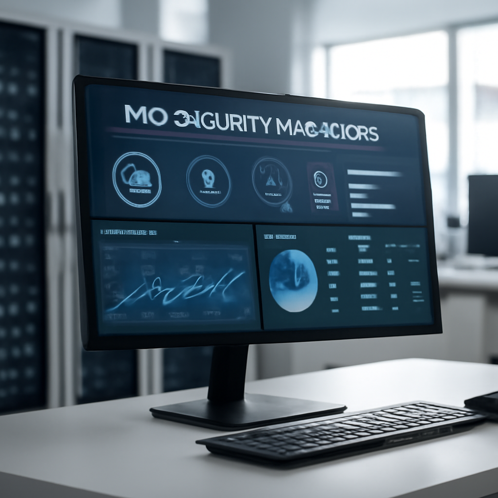 Security dashboard console displays Key Security Indicators with graphs and metrics in a bright, clean cloud computing…