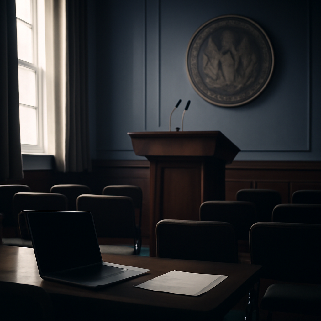 Formal government briefing room with podium, empty chairs, and laptop on a nearby table, lit by soft daylight.