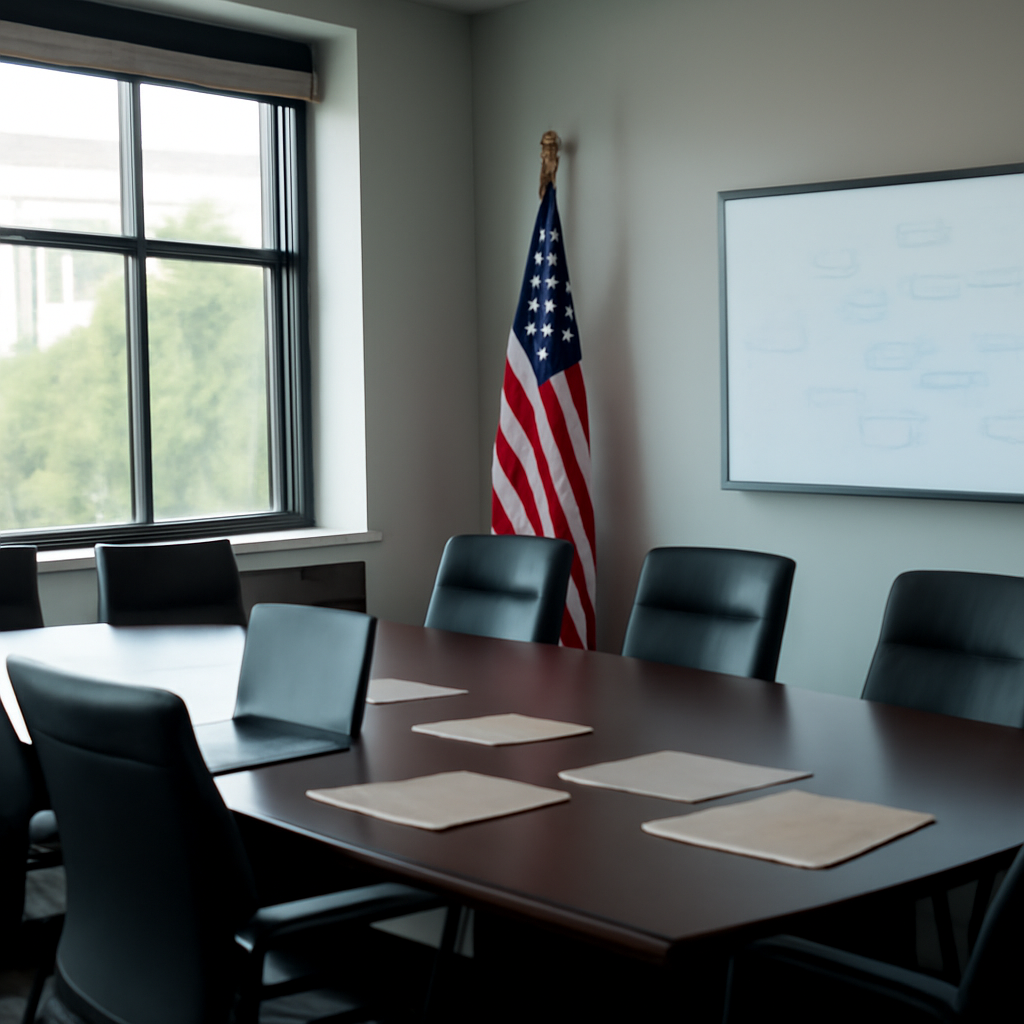 Government meeting room with laptop, papers, and network diagram on whiteboard.