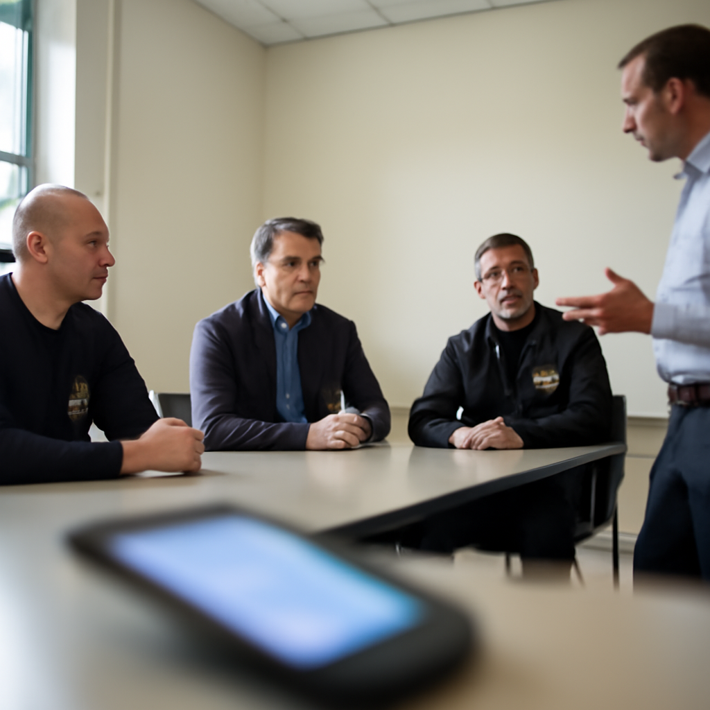 Law enforcement officials gather in a briefing room with a computer screen in the foreground.