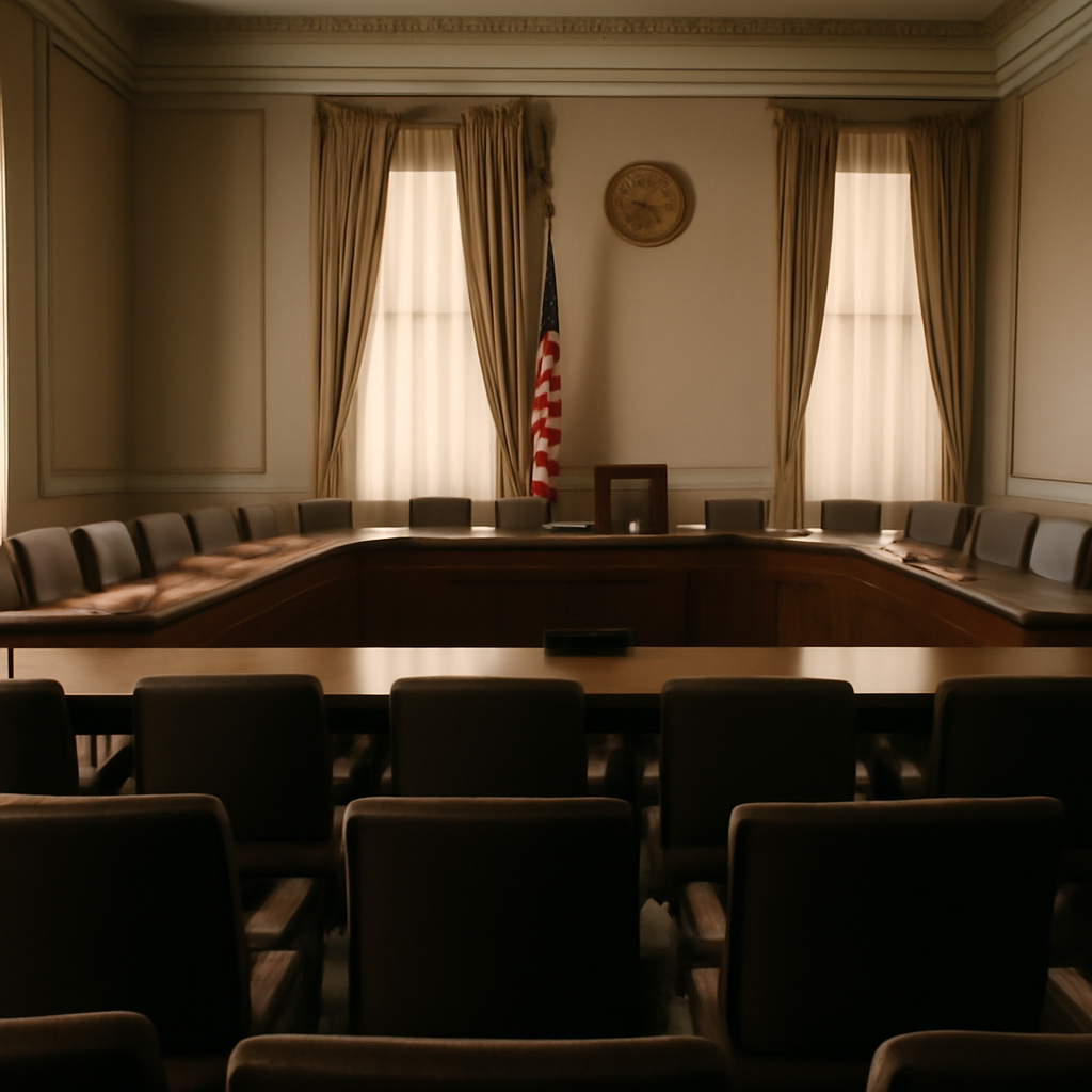 Empty congressional hearing room with long table and chairs in soft daylight.