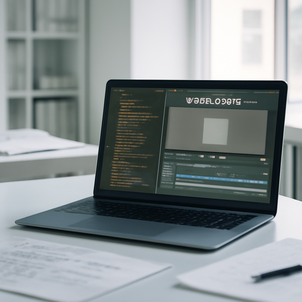 Video decoding workstation with code on laptop screen and video editing software.