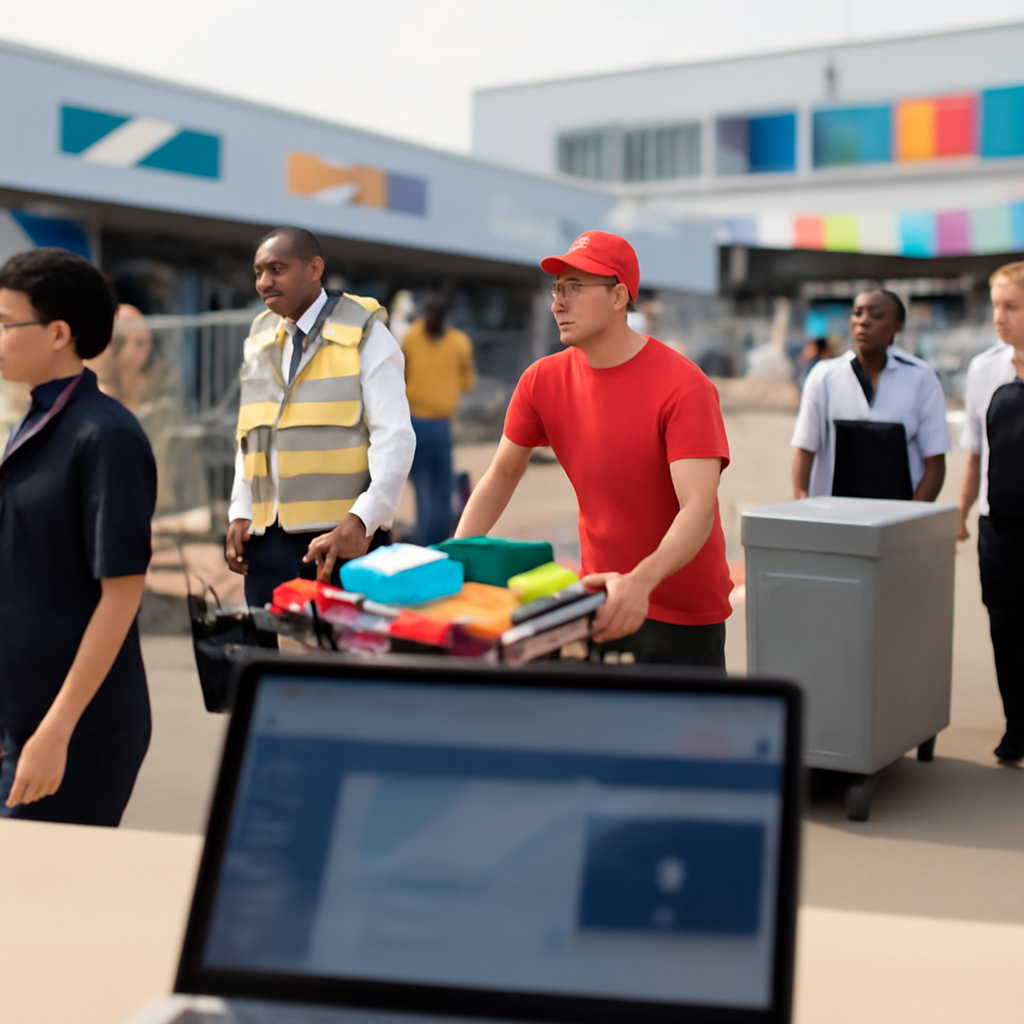 Busy logistics hub with blurred company logos, showing mixed equipment and workers.