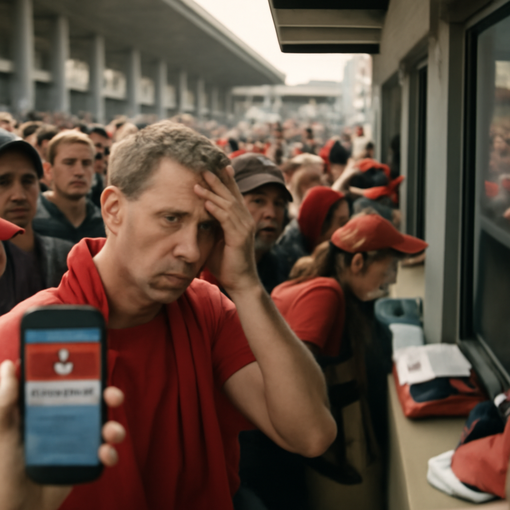 Long line of anxious fans waiting outside a ticketing booth, some visibly frustrated.
