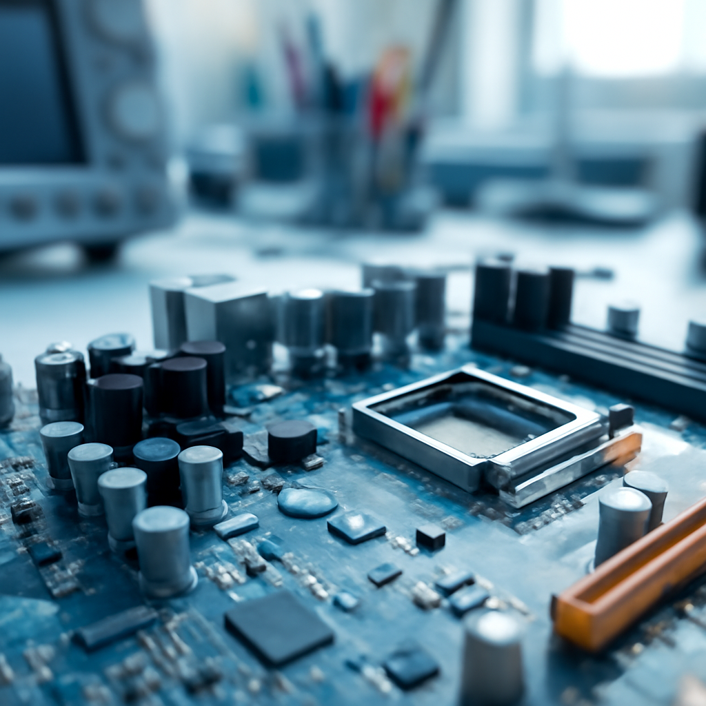 Close-up of computer motherboard components on a lab bench with technical equipment blurred in the background.