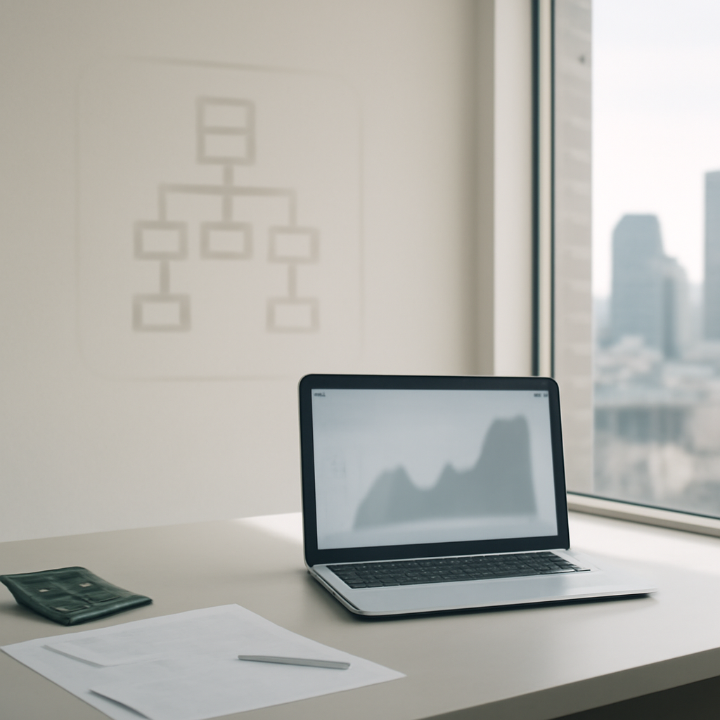 Financial office interior with city view, laptop, and blurred network diagram on screen.