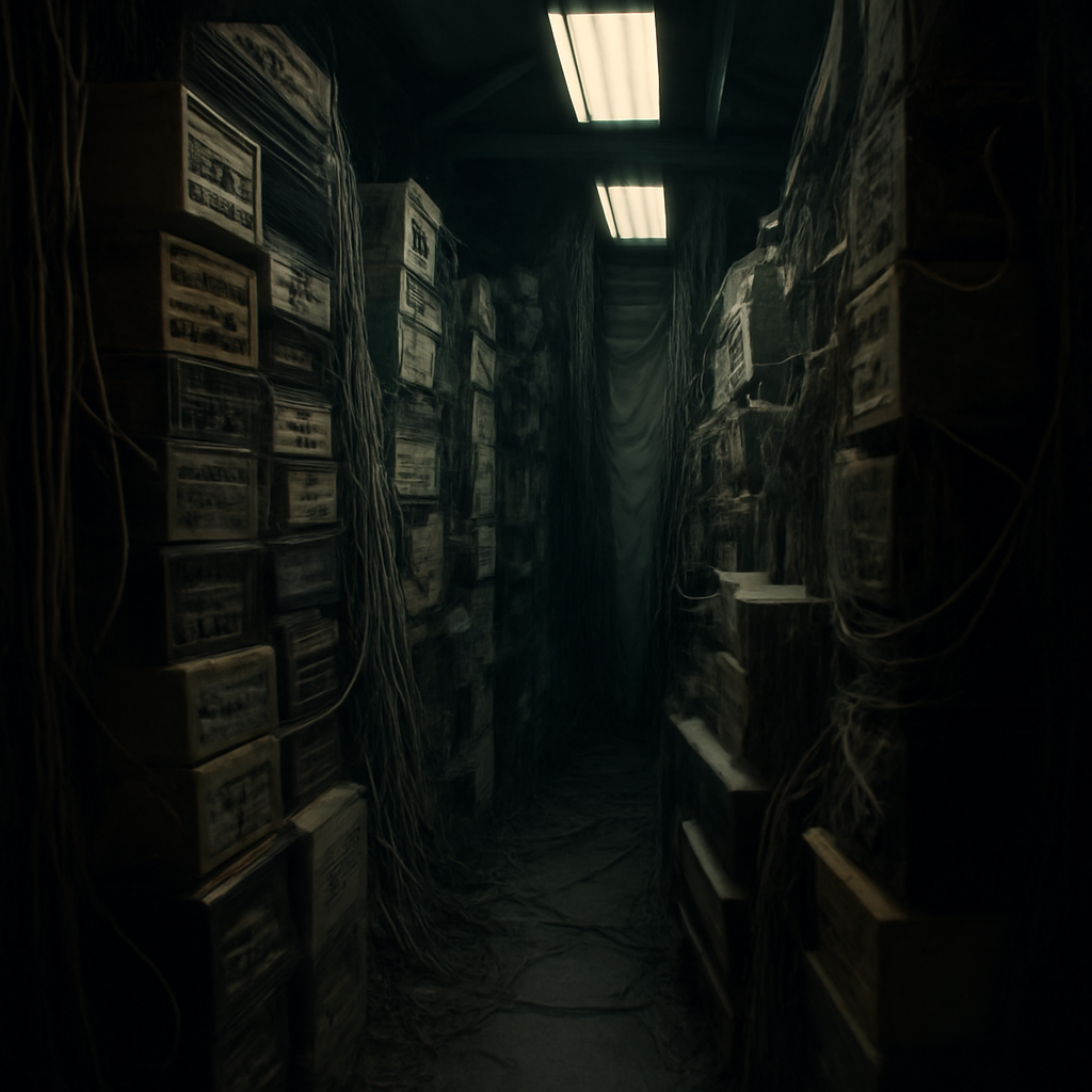 Dimly lit server room with outdated equipment, tangled cables, and flickering fluorescent lights.