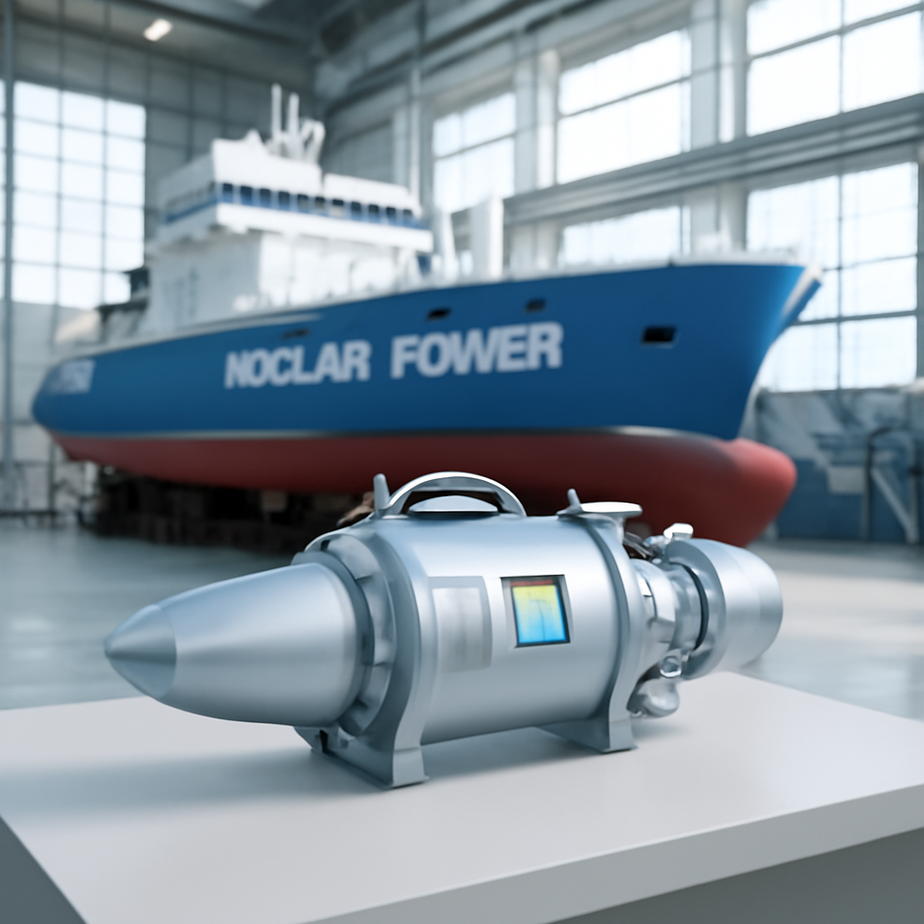 Futuristic nuclear reactor in foreground, large vessel model in background at shipbuilder's facility.