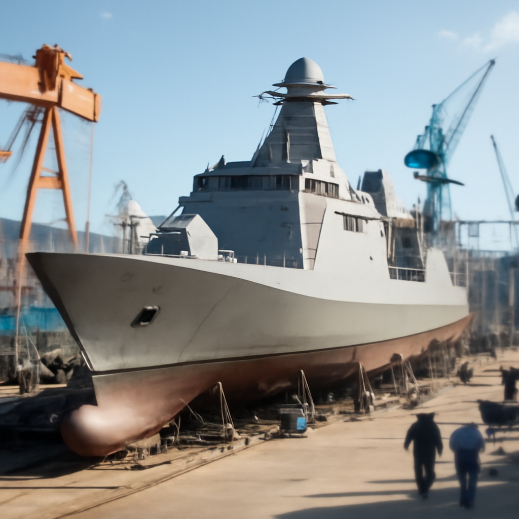 Modern naval frigate under construction in a bustling shipyard.