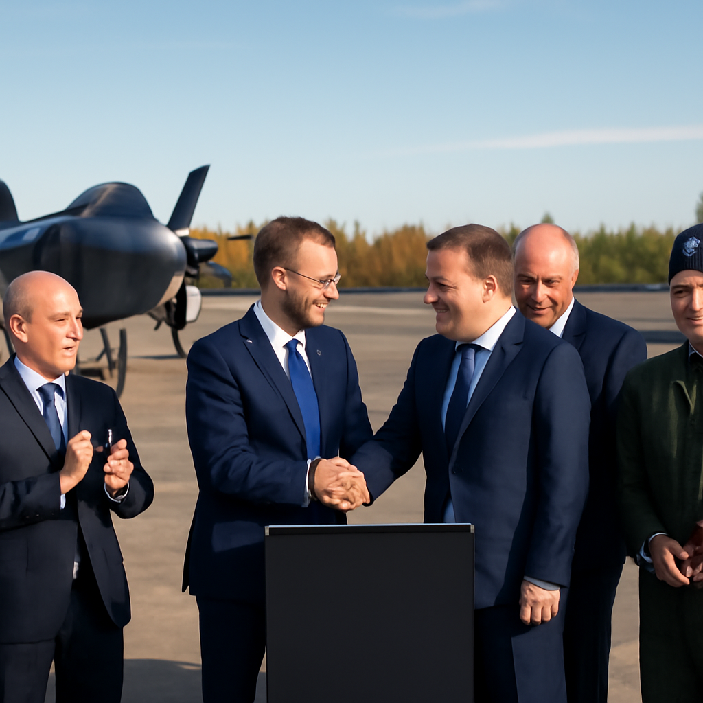 High-ranking Finnish officials gather at Rovaniemi Air Base with two F-35 fighter jets in background.