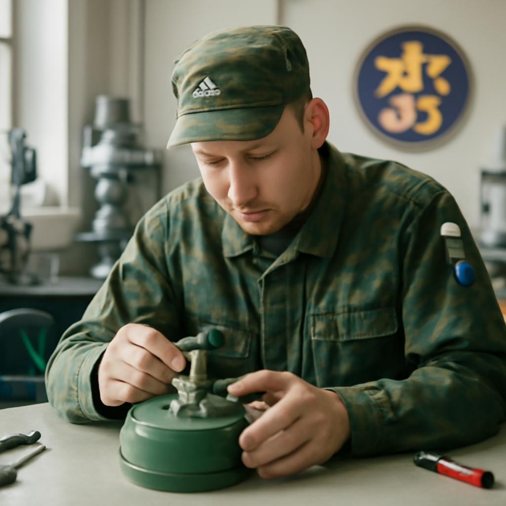 Finnish technician assembling anti-personnel mine in workshop.