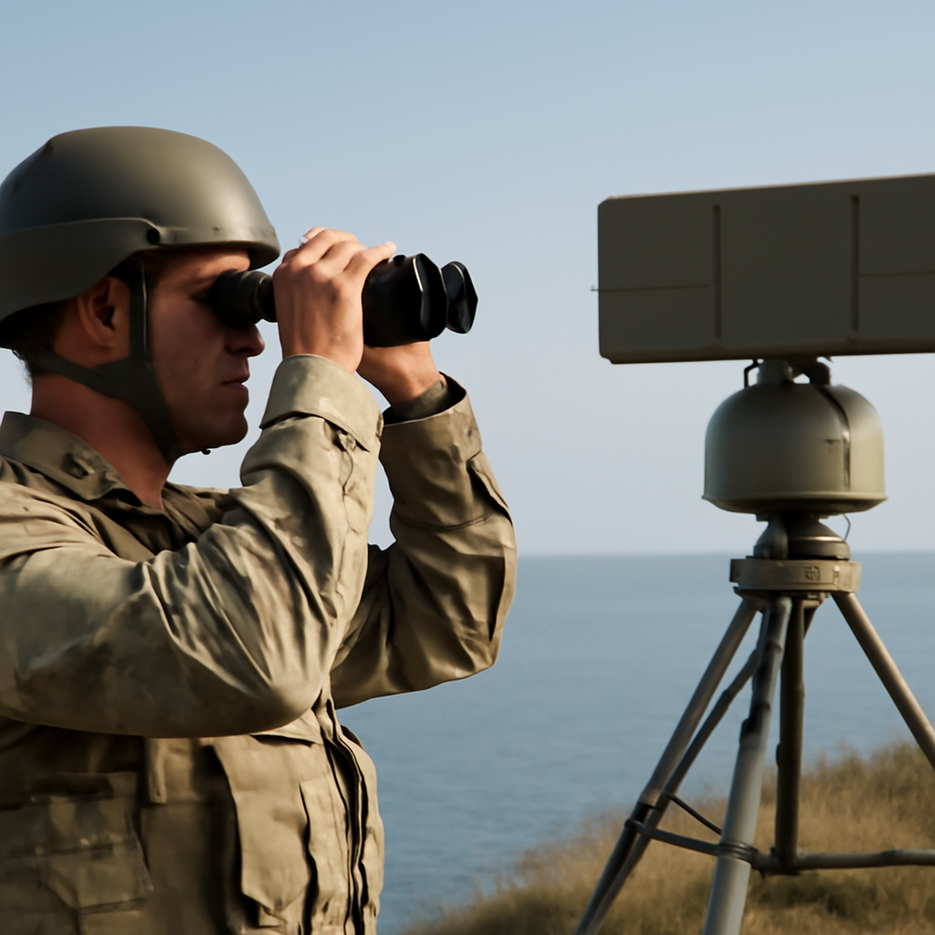 Nordic military personnel monitor coastline with binoculars, surveillance gear nearby.