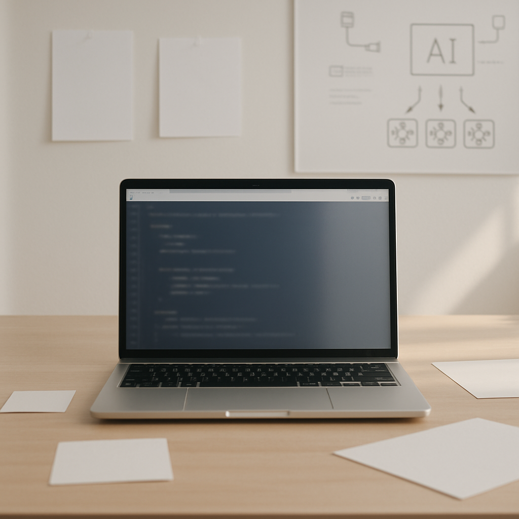 Modern coding environment with laptop screen, papers, and notes.