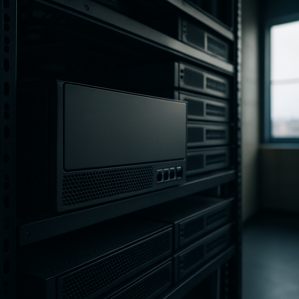 Cisco firewall device on a network equipment rack in a dimly lit data center.