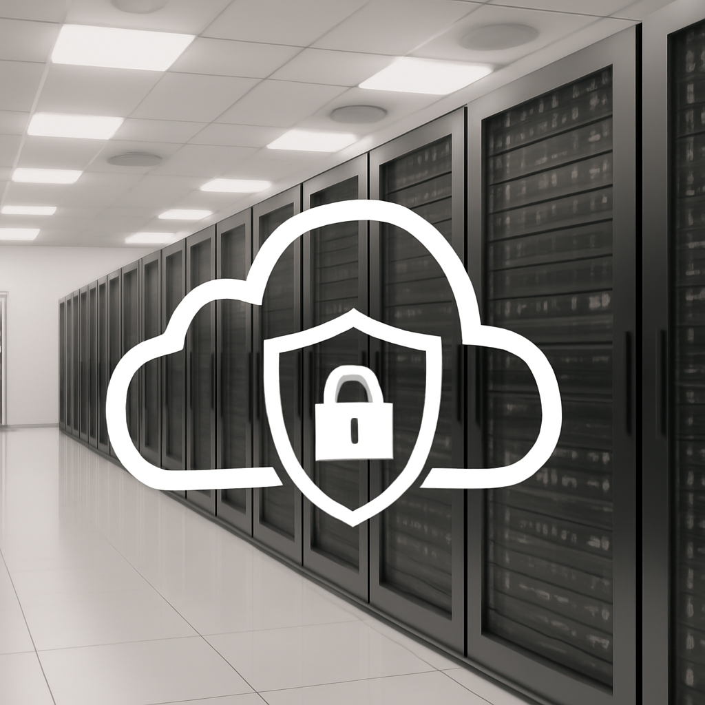 Modern network operations center with servers and equipment, featuring a prominent cloud firewall in the foreground.