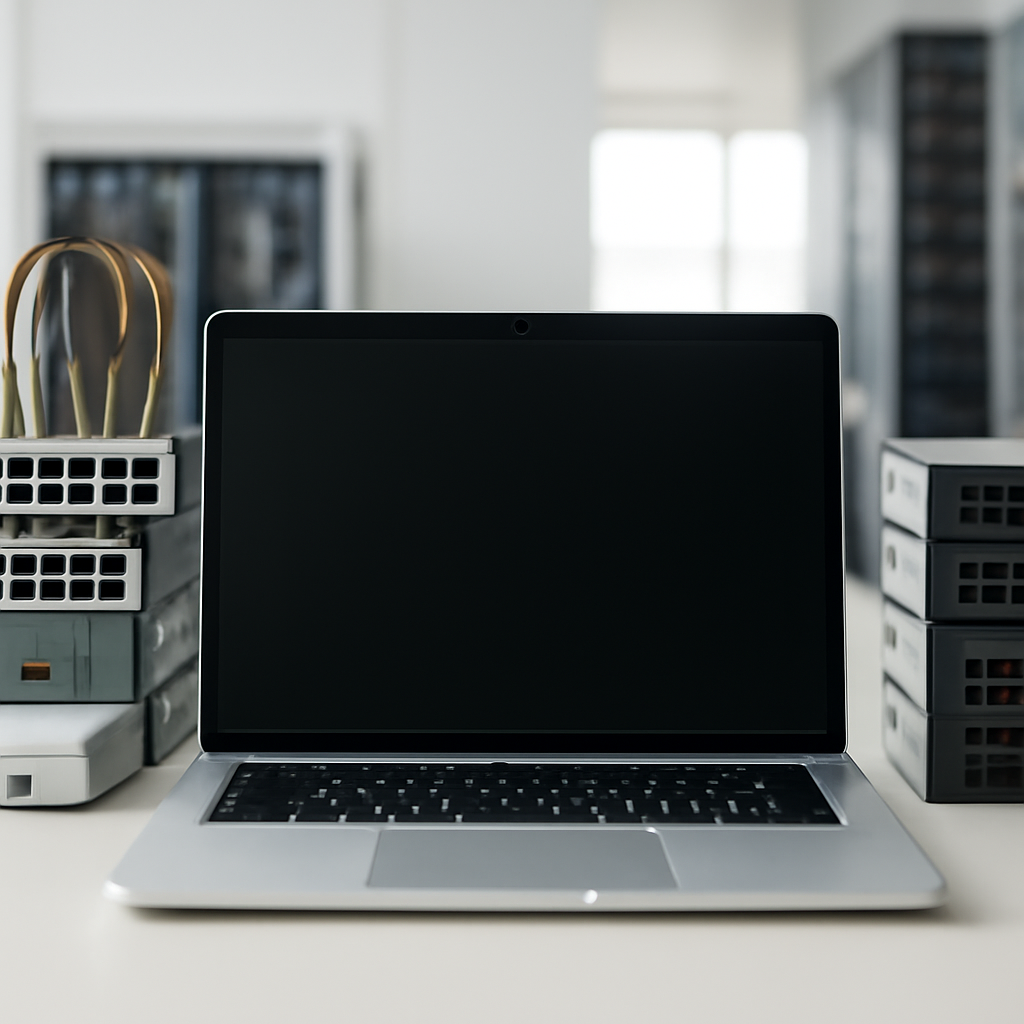 Network equipment surrounds a blank computer monitor on a neutral surface.