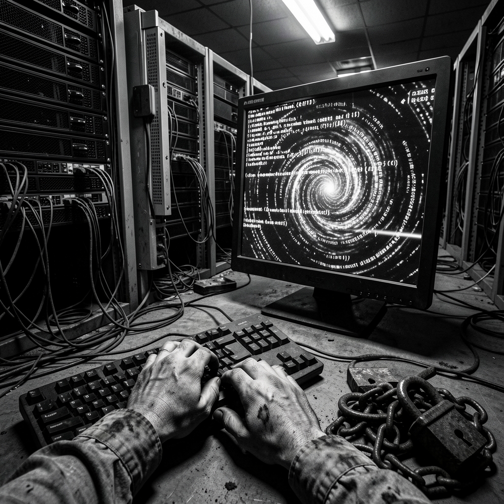 Anxious hands hover over a keyboard in front of a flickering computer screen displaying swirling code in a dimly lit server…