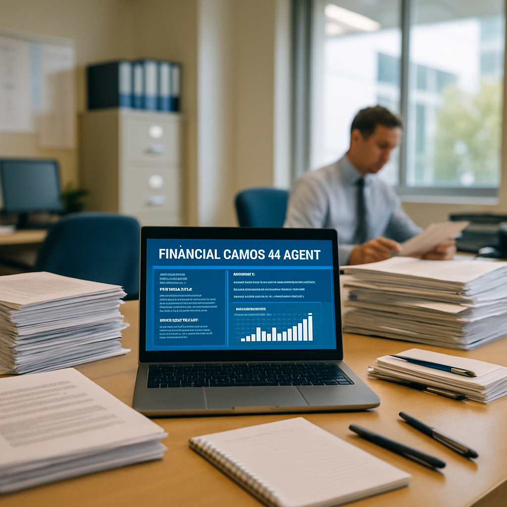 Bank compliance investigation room with laptop showing AI agent interface and financial documents.