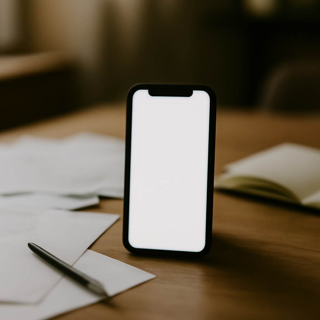 Smartphone on a cluttered desk with papers and a pen in a quiet daytime setting.