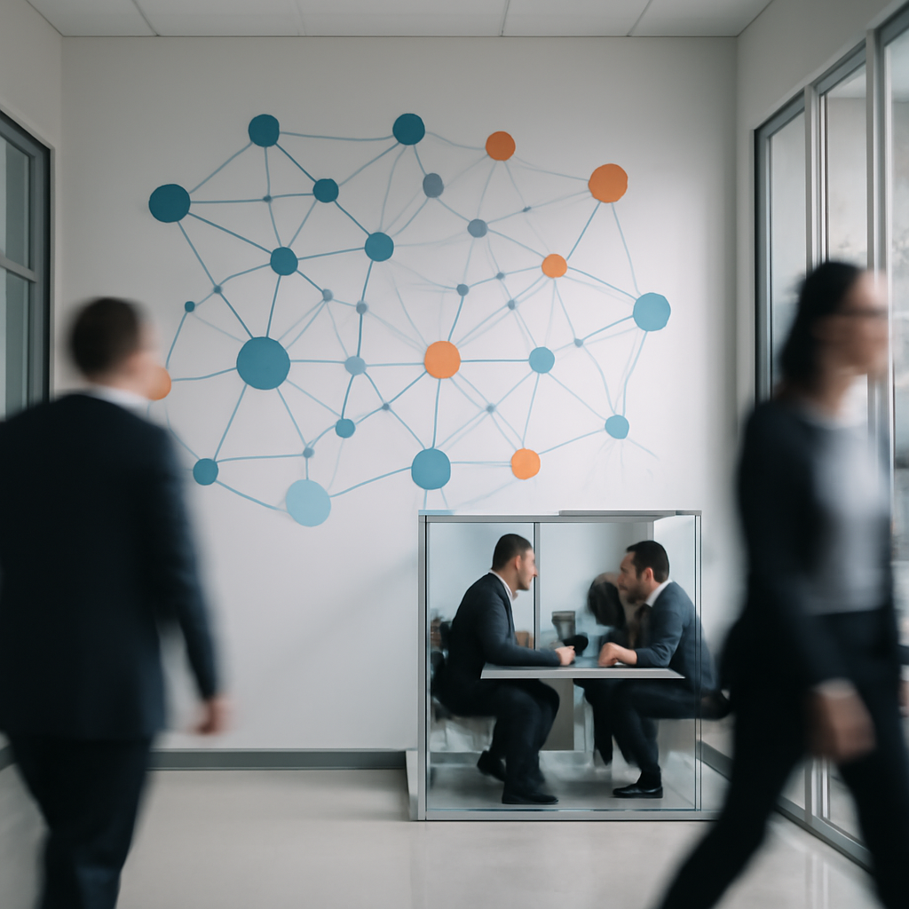 People in a high-tech building corridor with a large network display, conveying a sense of urgency.