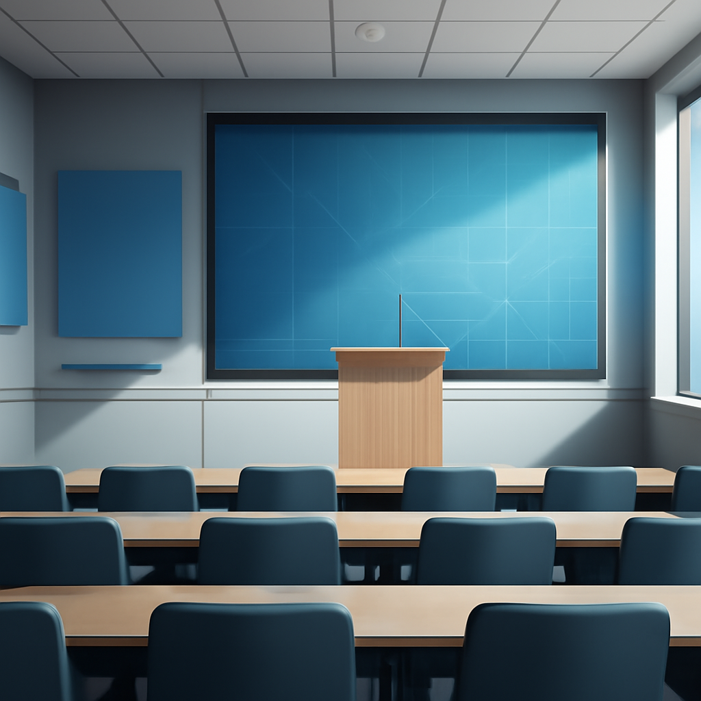 Modern briefing room with podium and large window, suggesting a technological focus.