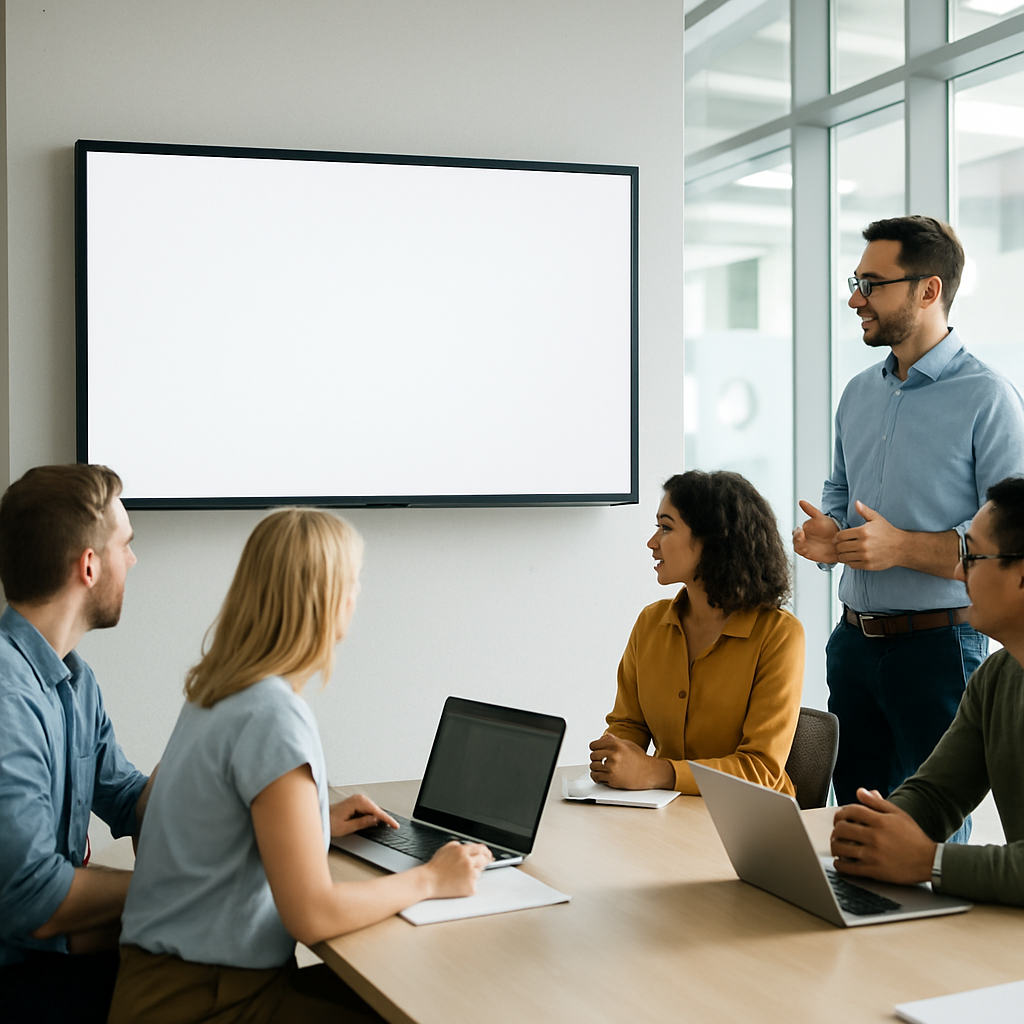 People in business casual attire discuss and review information on a large blank screen in a modern technology facility.