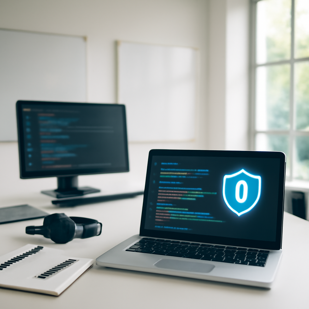 Clean, brightly-lit software development workspace with laptop and coding tools.