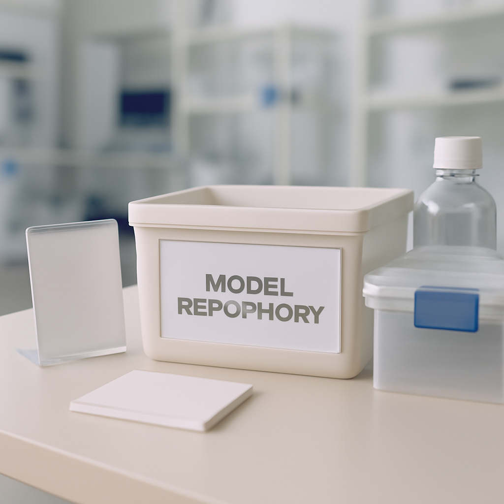 Model repository and cards on a clean, neutral-colored table in a lab or tech workspace.