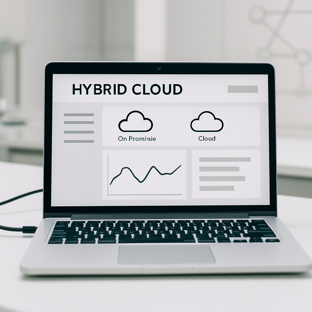 Hybrid cloud management interface with exposed sections on a laptop screen.