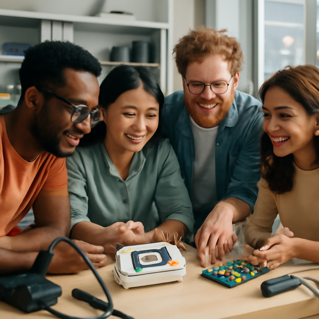 Diverse group gathered around workbench with Flipper Zero device and electronics.
