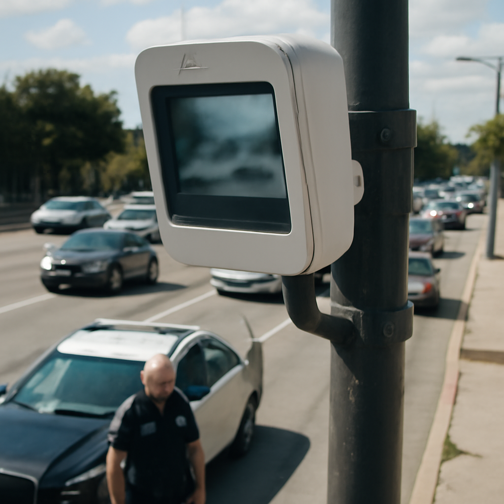 Flock camera mounted on streetlamp overlooking city street with vehicles driving by.