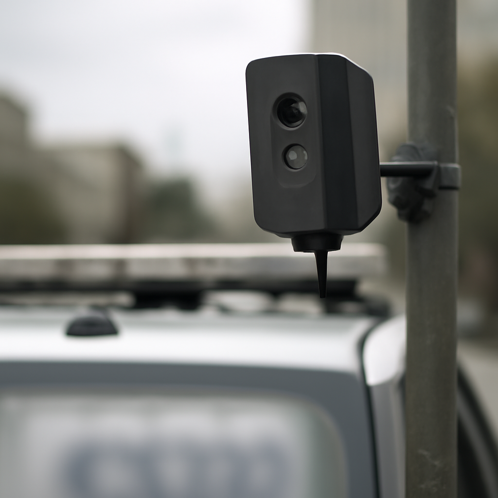 Flock camera mounted on a pole with blurred license plate in foreground.