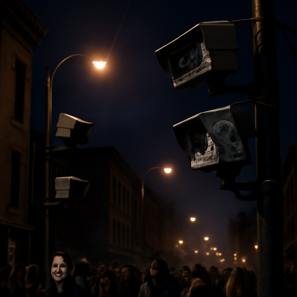 Vandalized license plate readers on city street at night amidst crowd.