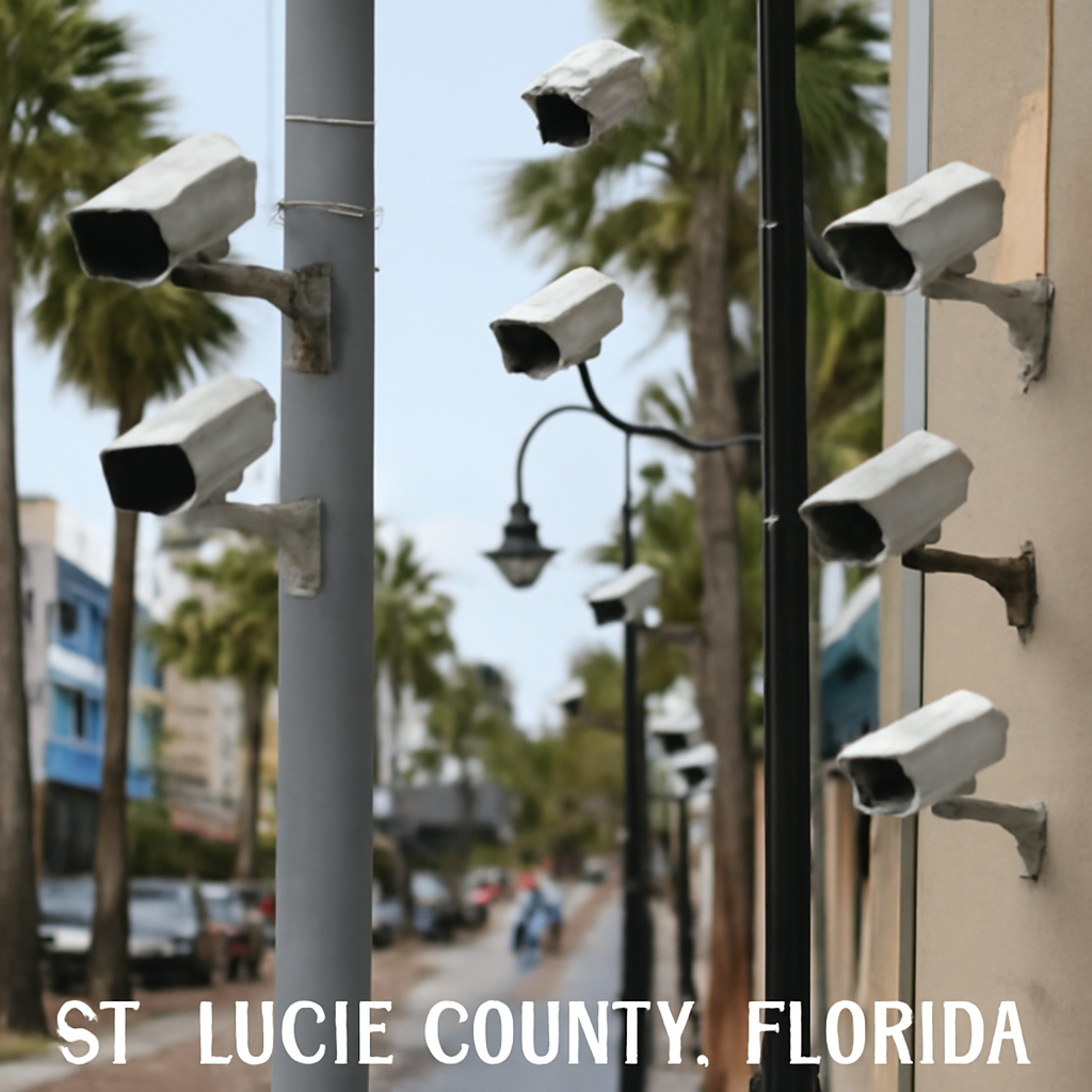 Multiple surveillance cameras mounted on utility poles and buildings along a St. Lucie County street.