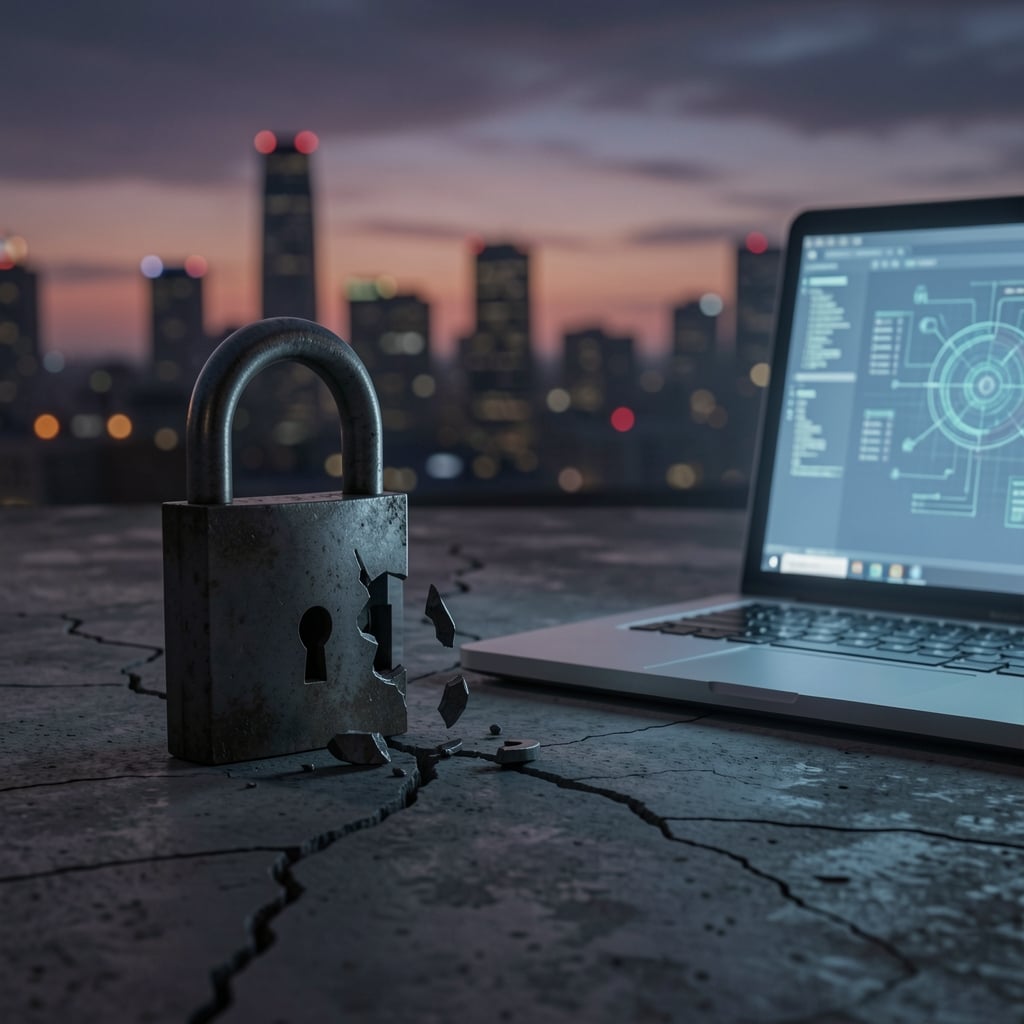 A broken padlock lies on cracked concrete next to a faintly glowing laptop, with a cityscape at dusk in the background,…