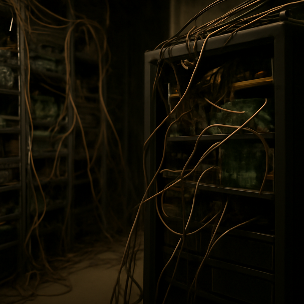 Dimly lit server room with exposed circuit boards and tangled cables.