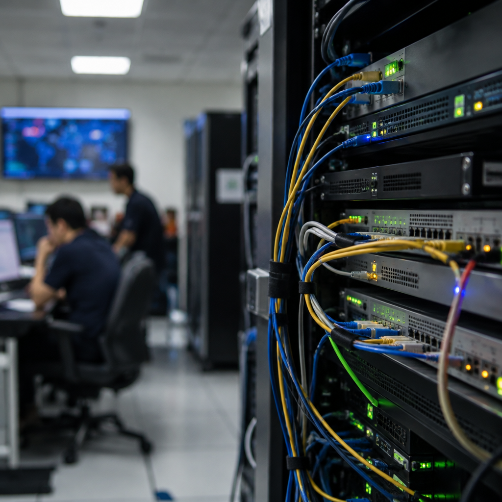 Network equipment rack with cables and lights, with IT workers in background.