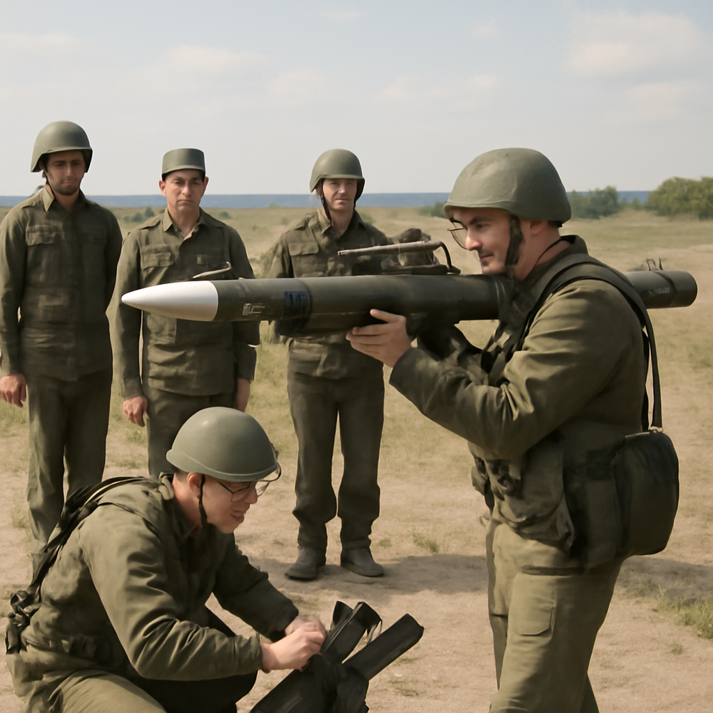 Military personnel inspect and handle a shoulder-fired missile system in a rural setting.