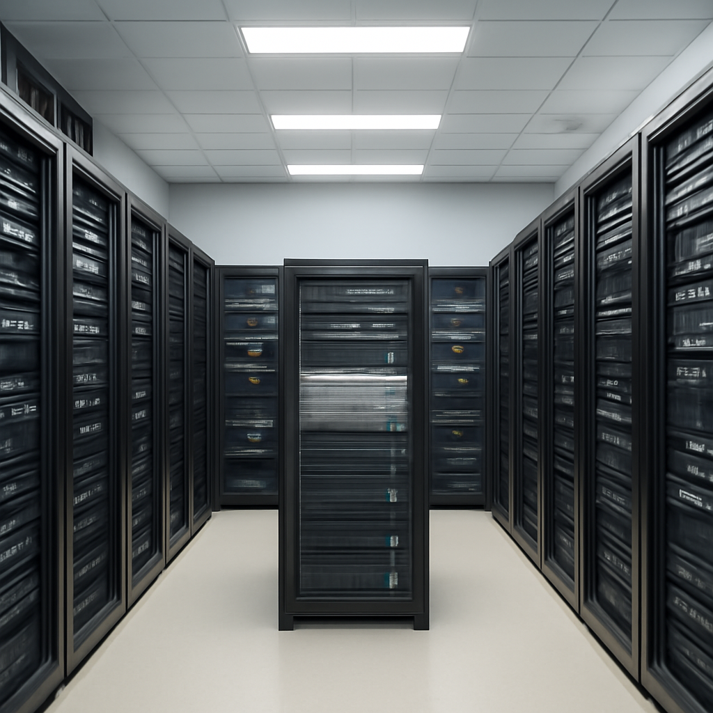 Server room with rows of equipment, one server highlighted in center.