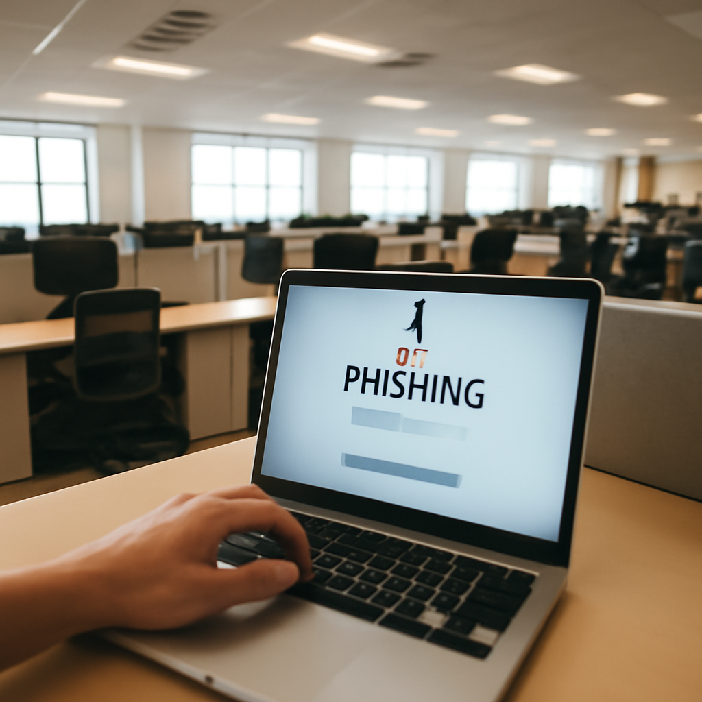 Blurred laptop screen with phishing email on a desk in a brightly-lit office setting.