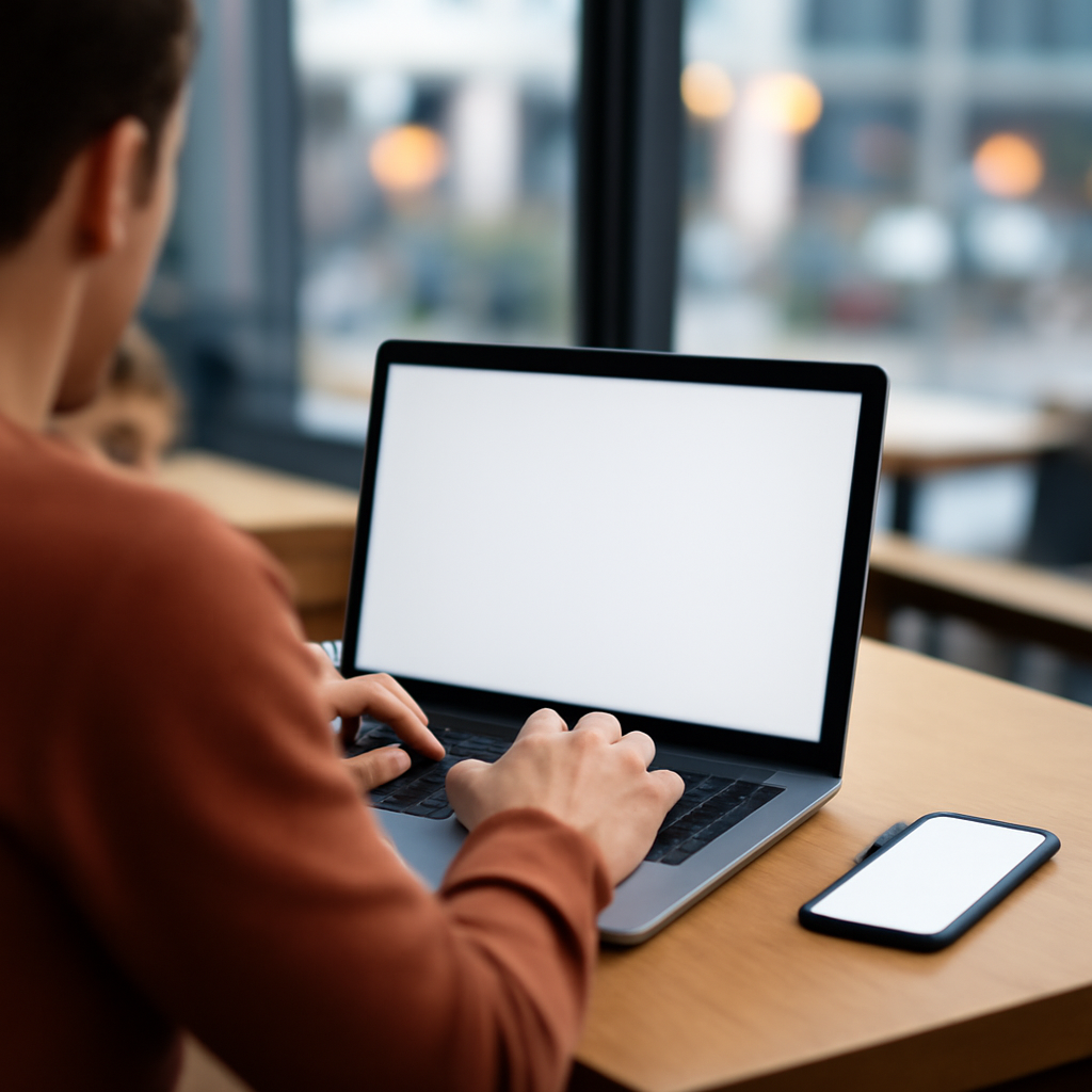Person working on laptop with smartphone nearby in a casual setting.