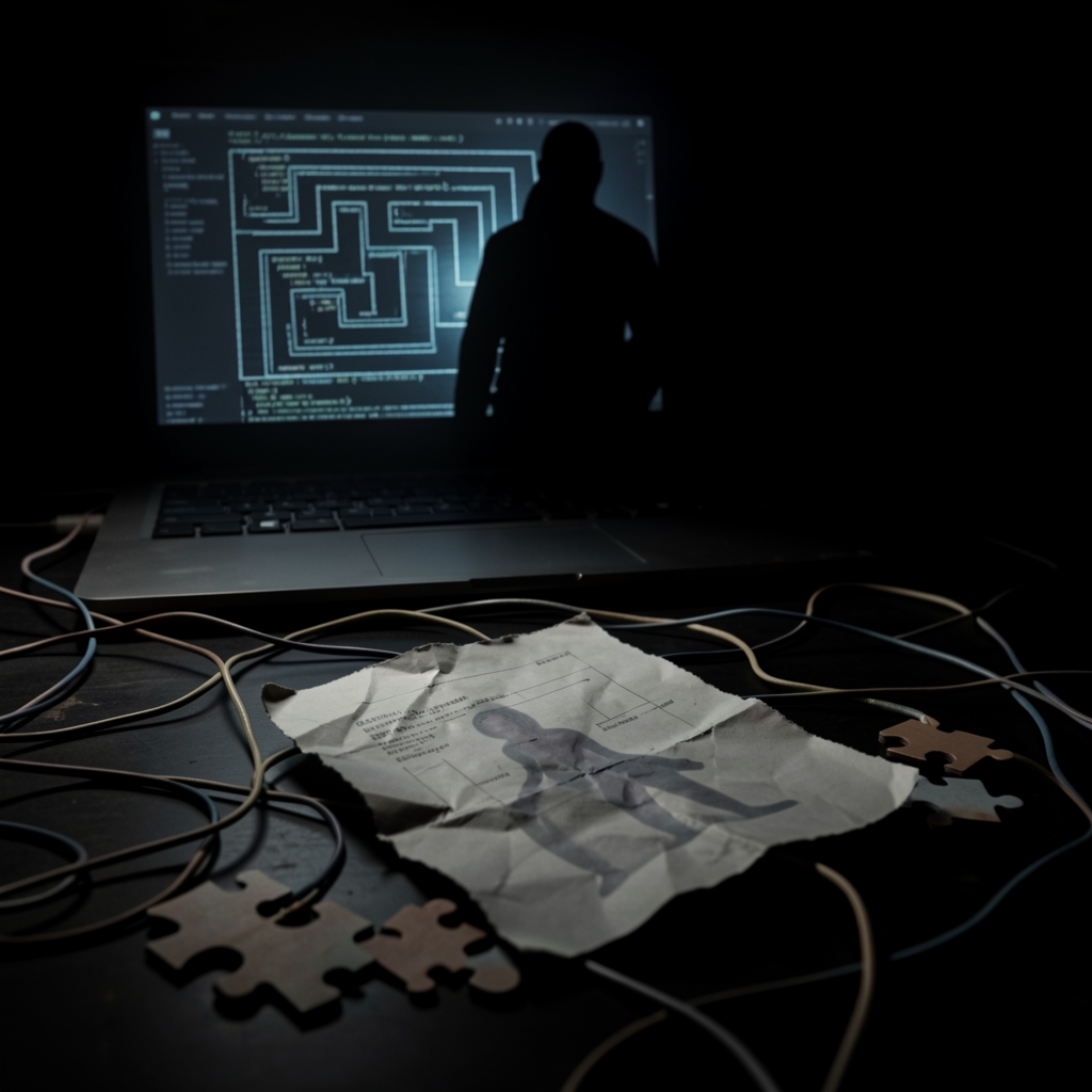Shadowy figure looms behind a laptop displaying maze-like code, with a torn template and tangled wire in the foreground.