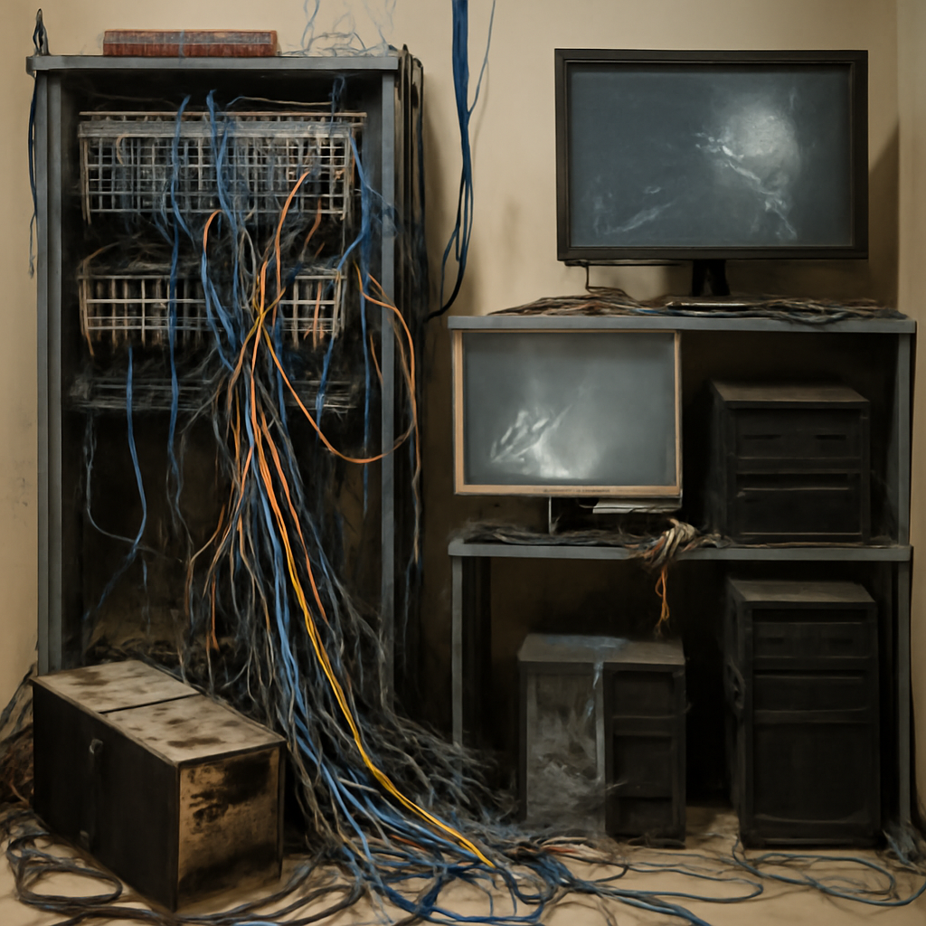 Damaged IT equipment and exposed cables in a school district's network closet.