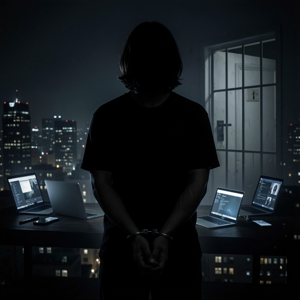 Person in handcuffs stands before dark cityscape with faint glow of screens.