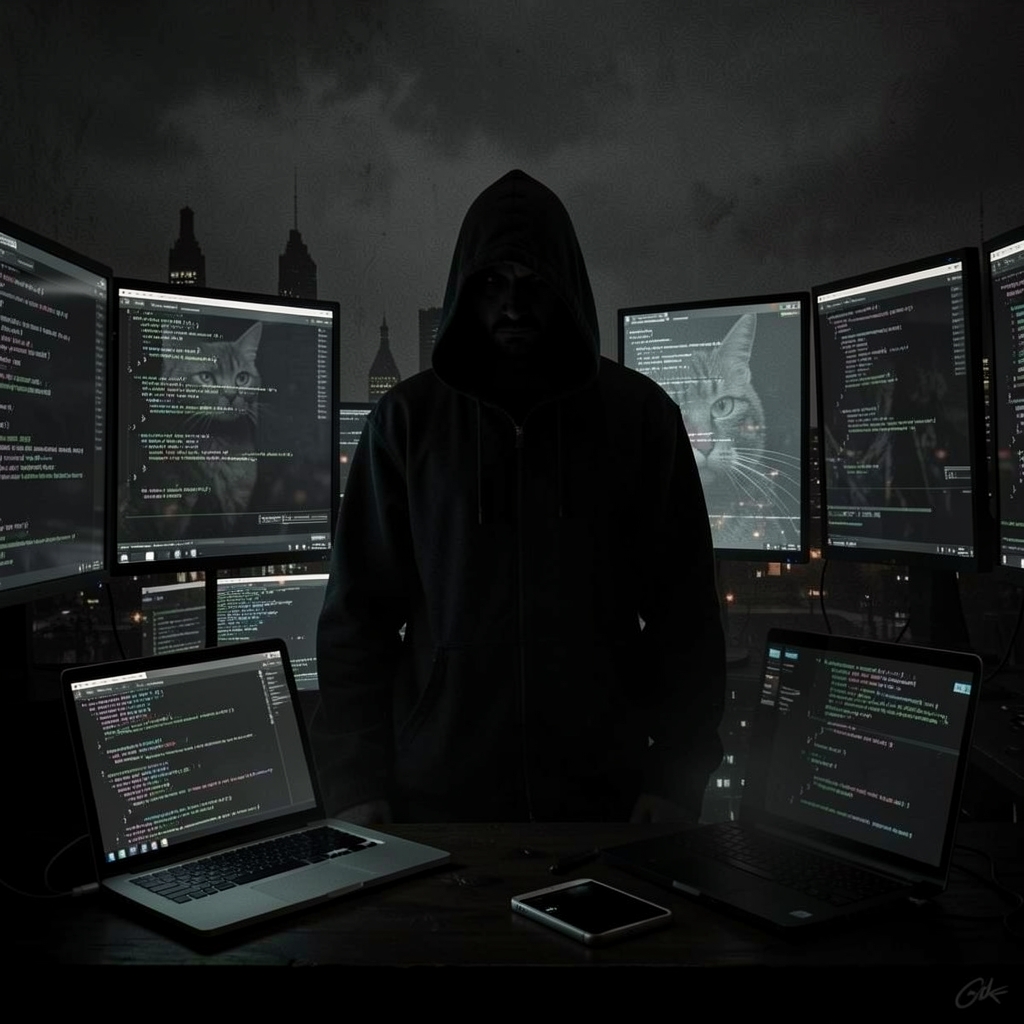 Hooded figure surrounded by screens with code, cityscape, and devices on a table.