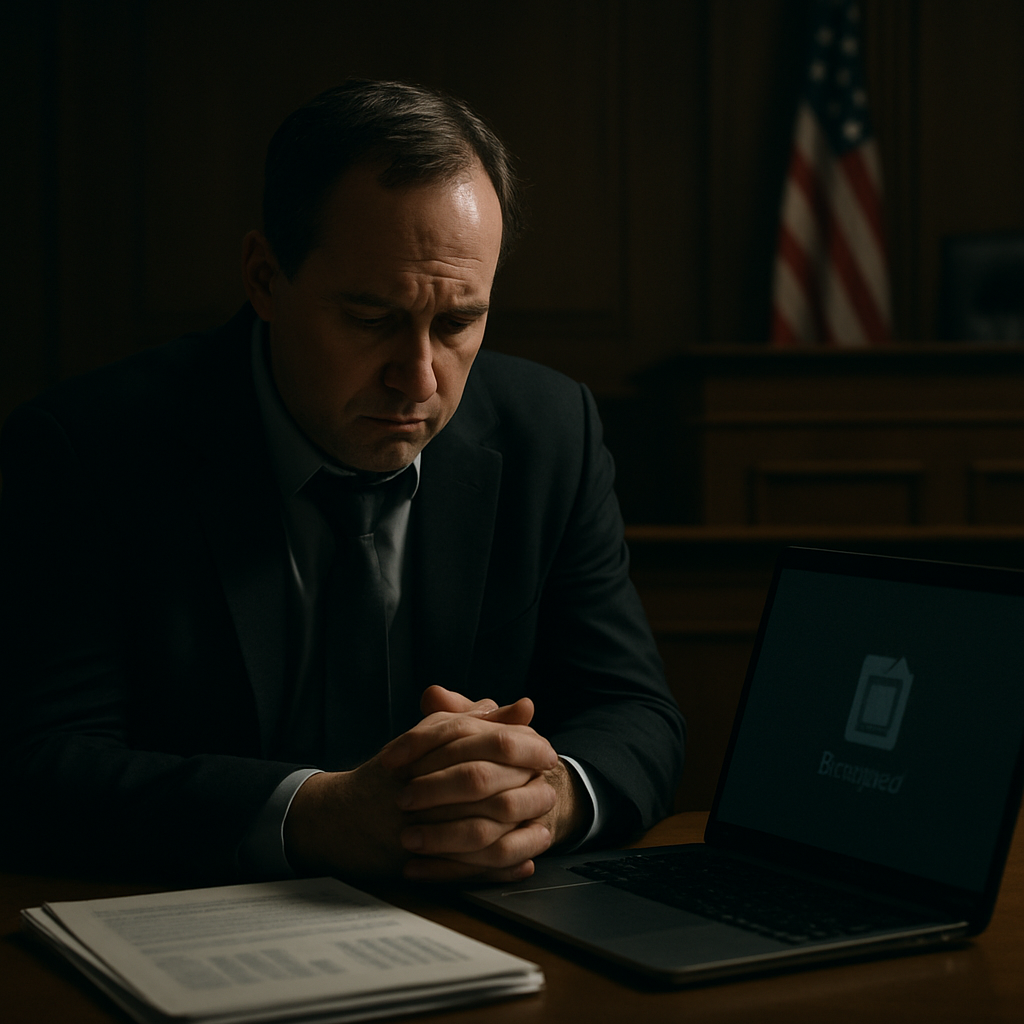 Former ransomware negotiator sits in federal courtroom, looking down with hands clasped, surrounded by financial documents…