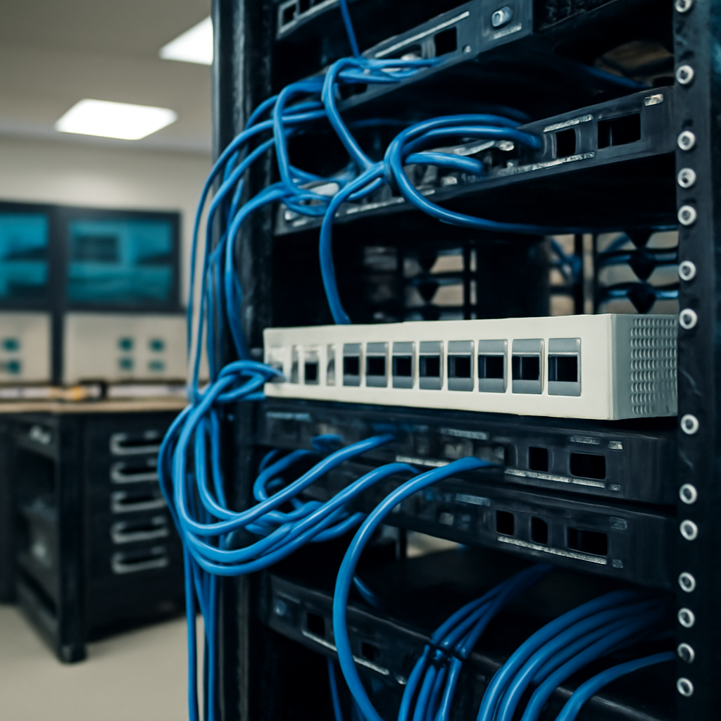 Rack-mounted networking equipment, including a prominent FortiGate device, in a brightly-lit network operations center.
