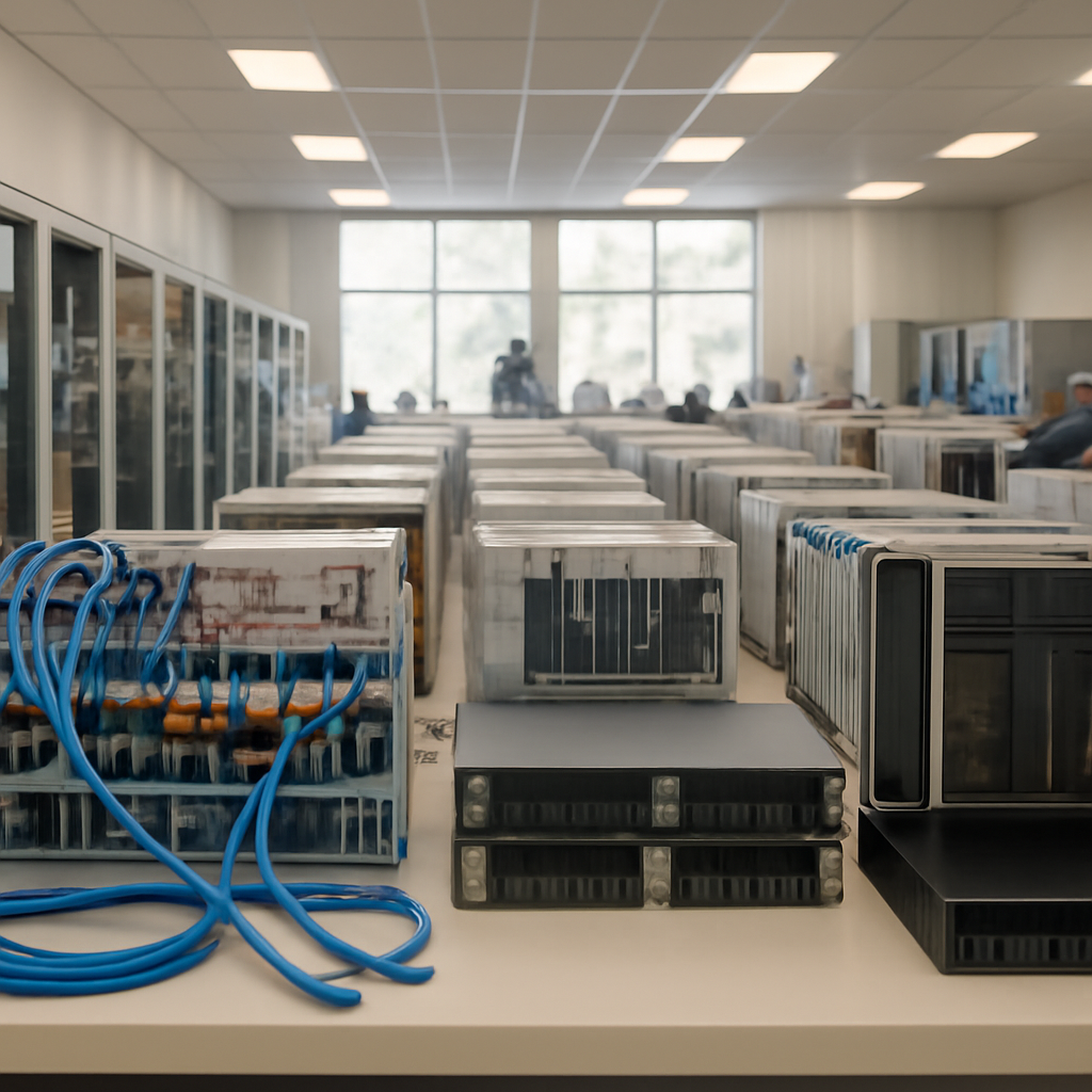 Network operations center with exposed cables and equipment near a large window.
