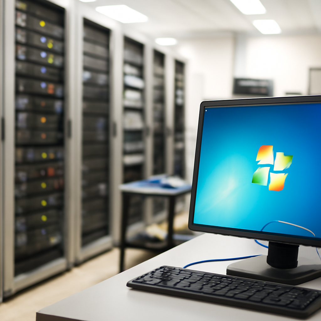Rows of rack-mounted servers and equipment in a brightly-lit server room or data center interior.