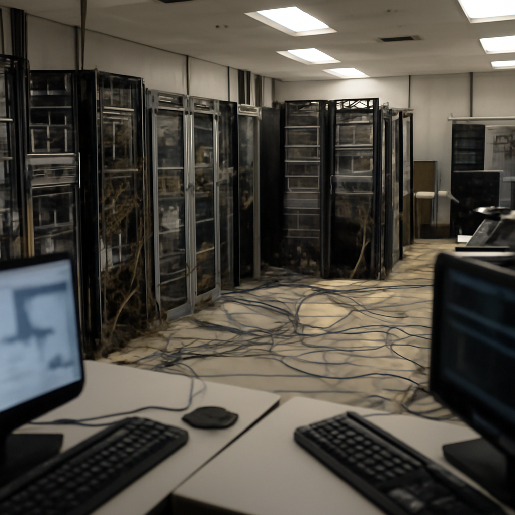 Rows of computer servers and networking equipment fill a brightly-lit network operations center, conveying a sense of…